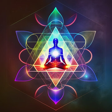 Meditating silhouette, lotus pose, activated chakra, merkaba is activated, elevation through meditation, concept, spirituality, cosmos, universe, soul, sacred geometry. Generative AI