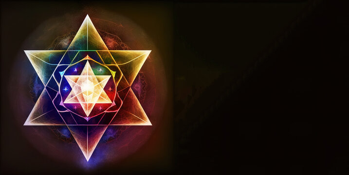 Activated chakra, sacred geometry, colors, merkaba is activated, elevation through meditation, concept, copy space, spirituality, cosmos, universe, soul, sacred geometry. Generative AI