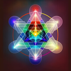 Activated chakra, sacred geometry, colors, merkaba is activated, elevation through meditation, concept, spirituality, cosmos, universe, soul, sacred geometry. Generative AI