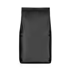 High realistic black vertical stand bag mockup. Vector illustration isolated on white background. Easy to use for presentation your product, idea, promo, design. EPS10.	