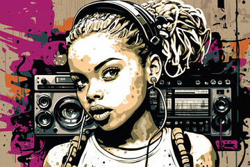 Portrait of fictional black girl for hip hop theme, young dancer or dj, illustration, generative AI - obrazy, fototapety, plakaty