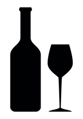 silhouette of a wine bottle and glass - black and white symbol, vector illustration isolated on white
