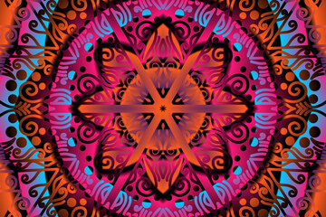 Beautiful caleidoscope symmetrical colourful gradient flowers line art of traditional abstract symbol batik dayak ornament design template elements