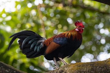 Male red junglefowl, Gallus gallus, on a branch in a rainforest