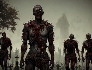 Portrait of a zombie man on the background of cemeteries. Zombie Apocalypse concept. Generative AI	