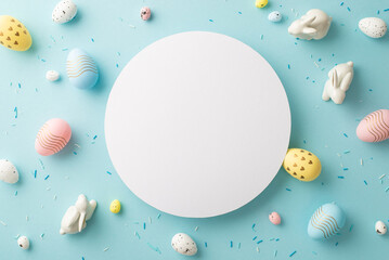 Easter concept. Top view photo of white circle ceramic easter bunnies colorful eggs and sprinkles on isolated pastel blue background with copyspace
