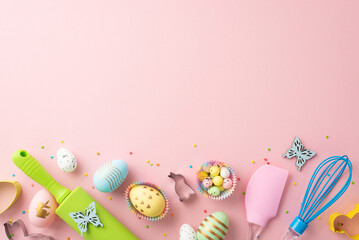 Fototapeta na wymiar Easter concept. Top view photo of kitchen utensils whisk rolling pin silicone spatula colorful easter eggs in paper baking molds butterflies sprinkles on isolated pastel pink background with copyspace