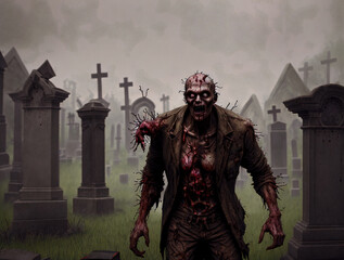 Portrait of a zombie man on the background of cemeteries. Zombie Apocalypse concept. Generative AI	