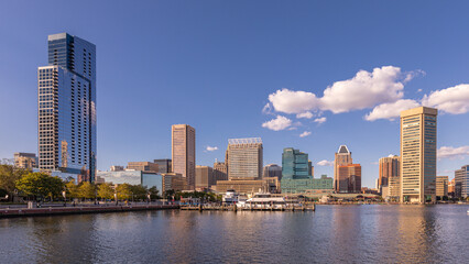 Fototapeta na wymiar View of Inner Harbor and Downtown Skyline Aerial in Baltimore, MD