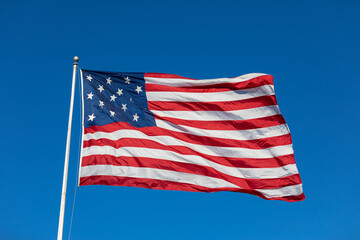 USA Flag Waving in Blue Background. American Wave Flag