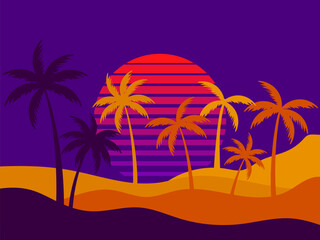 Palm trees on a retro sunset background. Tropical palm trees against the backdrop of a futuristic sunset. Design for promotional products, banner and poster. Vector illustration