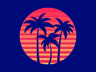 Tropical palm trees at sunset in a futuristic 80s style. Summer time, silhouettes of palm trees in synthwave and retrowave style. Design of advertising booklets and banners. vector illustration