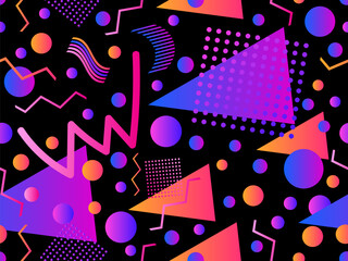 Fototapeta premium Memphis seamless pattern with geometric gradient shapes. Colorful geometric pattern in 80s style. Design for banners, promotional products and posters. Vector illustration
