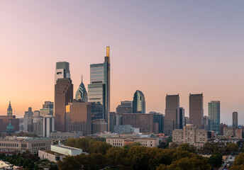 Fototapeta na wymiar Philadelphia Skyline with Business District Area. Beautiful Morning Sunlight and Sky. Pennsylvania.