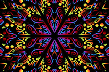 Beautiful caleidoscope symmetrical colourful gradient flowers line art of traditional abstract symbol batik dayak ornament design template elements