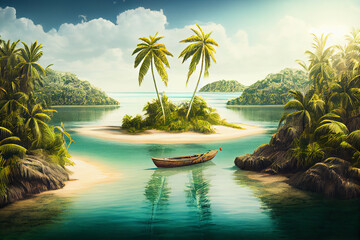Illustration of a beautiful uninhabitated topical island. Generative AI.