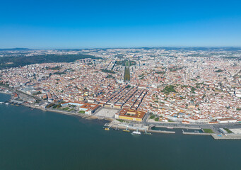 Fototapeta premium Lisbon City Downtown and City Center, Portugal. Drone Point of View. Sightseeing Places and Famous Architecture Buildings. River Tagus in Background