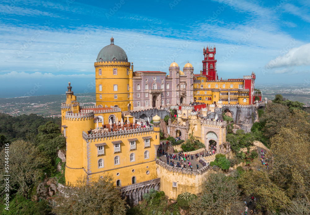 Poster Palace of Pena in Sintra. Lisbon, Portugal. Part of cultural site of Sintra City. Drone Point of View