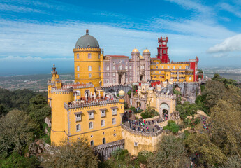Palace of Pena in Sintra. Lisbon, Portugal. Part of cultural site of Sintra City. Drone Point of View