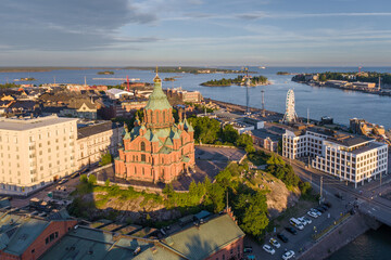 Fototapeta na wymiar Uspenski Cathedral in Helsinki, Finland. Drone Point of View.