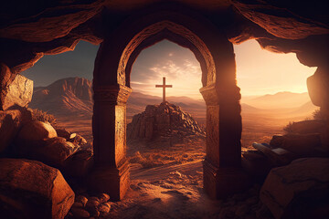 Tomb Empty And Crucifixion At Sunset - Resurrection Of Jesus Christ, Generative AI