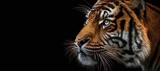 Fototapeta premium Powerful tiger profile in close-up on black background with ample copy space, conveying strength and intensity. Generative AI