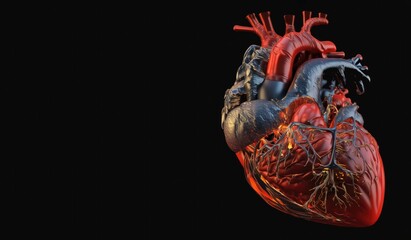 Detailed human heart in foreground on black background with ample space to add text, promoting the importance of cardiovascular health. Generative AI