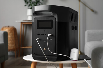 Portable power station charging devices on table in living room, closeup