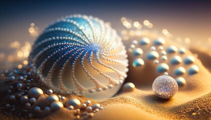 Fototapeta na wymiar Beautiful pearl shells on a sandy beach. Generative AI