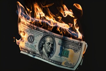 Burning pack of money isolated black background, concept of Ignition and Wealth, created with Generative AI technology - obrazy, fototapety, plakaty