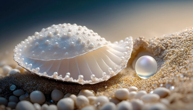 Beautiful pearl shells on a sandy beach. Generative AI