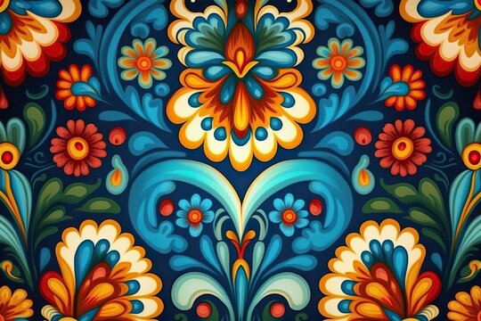 Background pattern in zhostovo style repetitive brigh, concept of Folk Art and Colorful Design, created with Generative AI technology