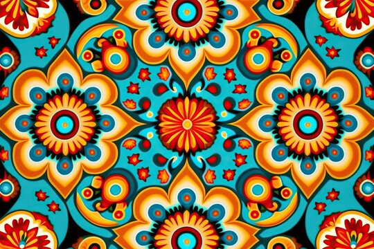 Background pattern in zhostovo style repetitive brigh, concept of Folk Art and Colorful Design, created with Generative AI technology