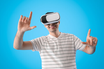 Naklejka premium Virtual reality experience, man interacting with metaverse technology
