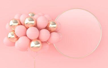 3d render illustration of realistic colorful balloons and frame for text, pink background. Empty space for party, promotion social media banners, posters. © Meranna