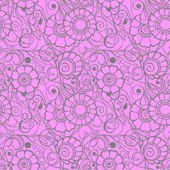 seamless pattern of gray contours of flowers on a pink background, texture, design