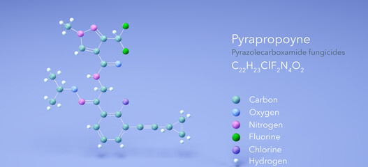 pyrapropoyne molecule, molecular structures, pyrazolecarboxamide fungicides, 3d model, Structural Chemical Formula and Atoms with Color Coding