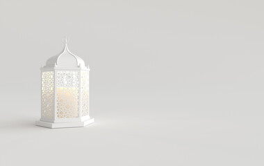 White lantern with candle, lamp with arabic decoration, arabesque design. Concept for islamic celebration day Ramadan kareem or eid al fitr adha. 3d rendering illustration
