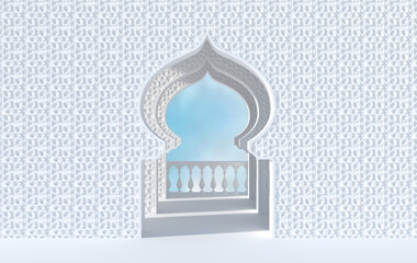 3d render mosque element in ornate arabic, Islamic architecture style. Sun and sky. Ramadan Kareem. Muslim community festival.