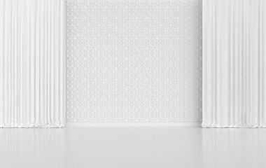 WhiteiInterior walls with curtains. Walls with ornated mouldings panels in arabic style. 3d rendering interior mock up.