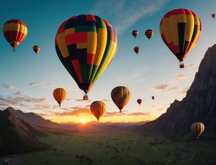 Colorful hot air balloons flying over mountain. AI generated, human enhanced. Background