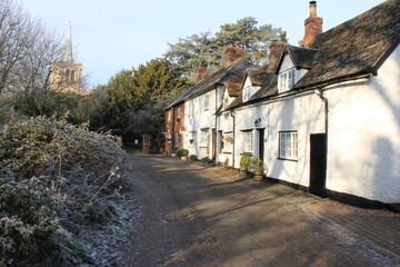 Historic timber framed houses on a medieval street in England