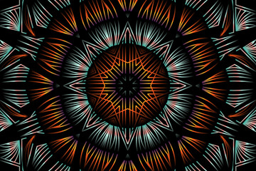Beautiful caleidoscope symmetrical colourful gradient flowers line art of traditional abstract symbol batik dayak ornament design template elements

