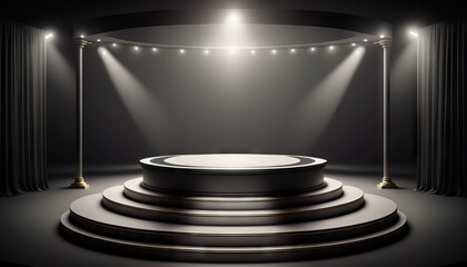 Round podium, empty stage illuminated by spotlights. Generative ai