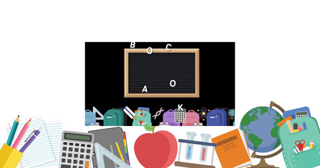 Image of school items icons and board with letters on white background