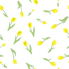 Seamless floral pattern of stylized Tulip flowers for printing, fabrics. Flowers are arranged in a chaotic manner on a white background. Pattern with different colors. repeating spring flowers.