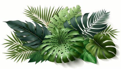 Realistic Composition of Tropical Palm Leaves and Green Leaf Pile Image with Isolated Background. Generative ai