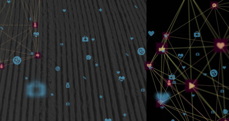 Image of medical and media icons with shapes over network of connections