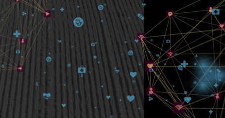 Image of medical and media icons with shapes over network of connections