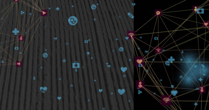 Image of medical and media icons with shapes over network of connections